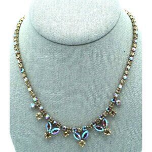 Vintage Sherman Rhinestone Necklace Aurora Borealis and Clear Signed Jewelry